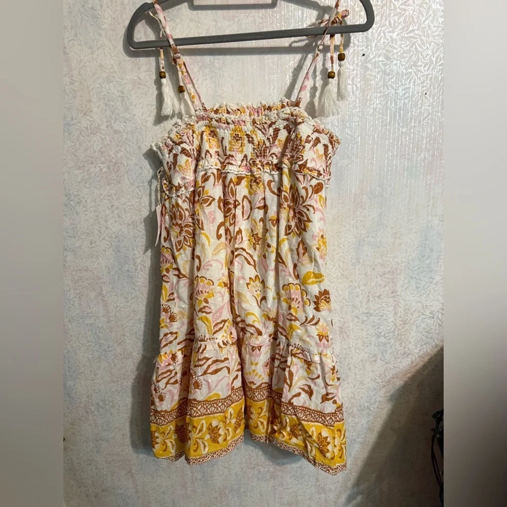 Jessica Simpson Yellow and Brown Floral, Boho, Casual, Smocking Midi Dress, Lg